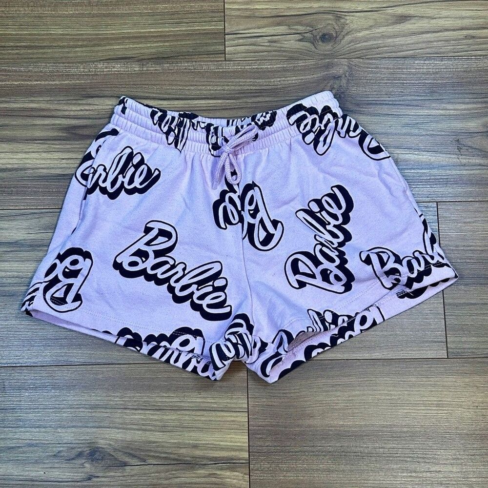 Barbie Womens Sweat Shorts XS Pink Black Logo Print Hybrid Apparel Drawstring